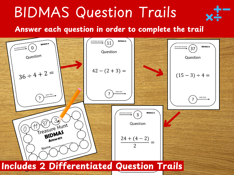 Order of Operations Treasure Hunt - Maths BIDMAS/BODMAS/PEMDAS Question Trail