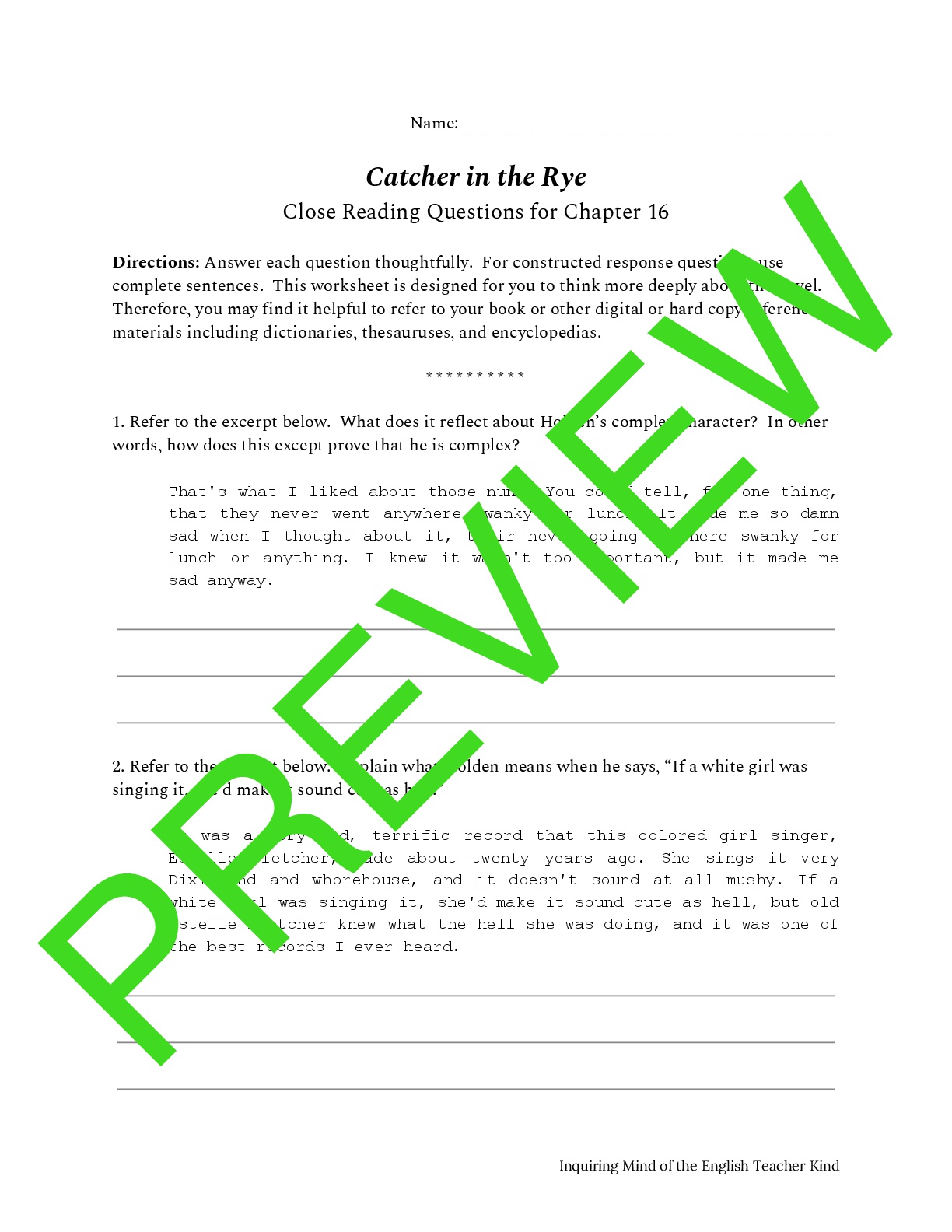 Catcher in the Rye Close Reading Worksheet for Chapter 16 Teaching