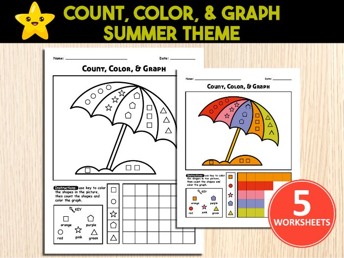 Color, Count and Graph Shapes Summer Theme Math Worksheets For Preschoolers