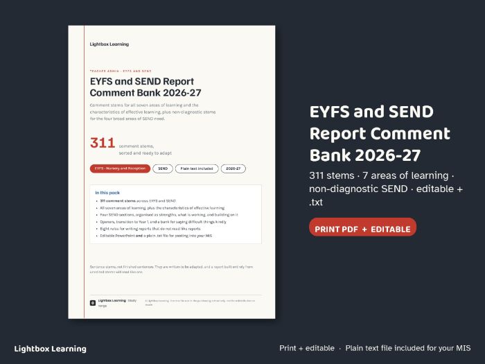 EYFS Report Comments 2026-27 — Editable Comment Bank, 7 Areas + SEND