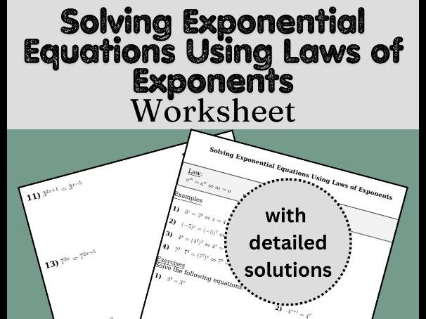 Solving Exponential Equations Using Laws of Exponents Worksheet (with solutions)