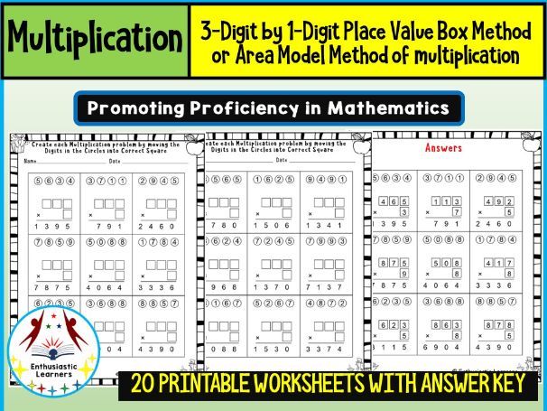 3-Digit by 1-Digit Place Value Box Method (Area Model) Worksheets Math Problems