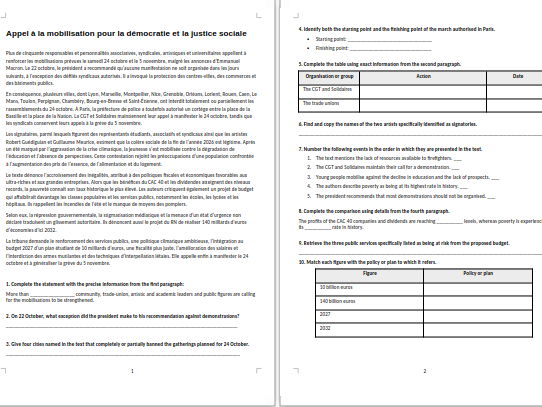 French Reading Comprehension: 2026 Protests & Social Justice Worksheet