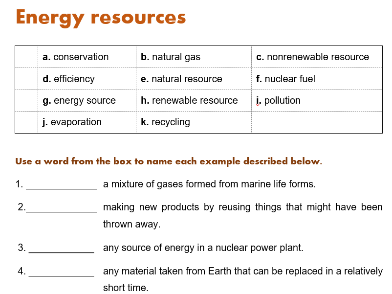 Energy resources worksheet