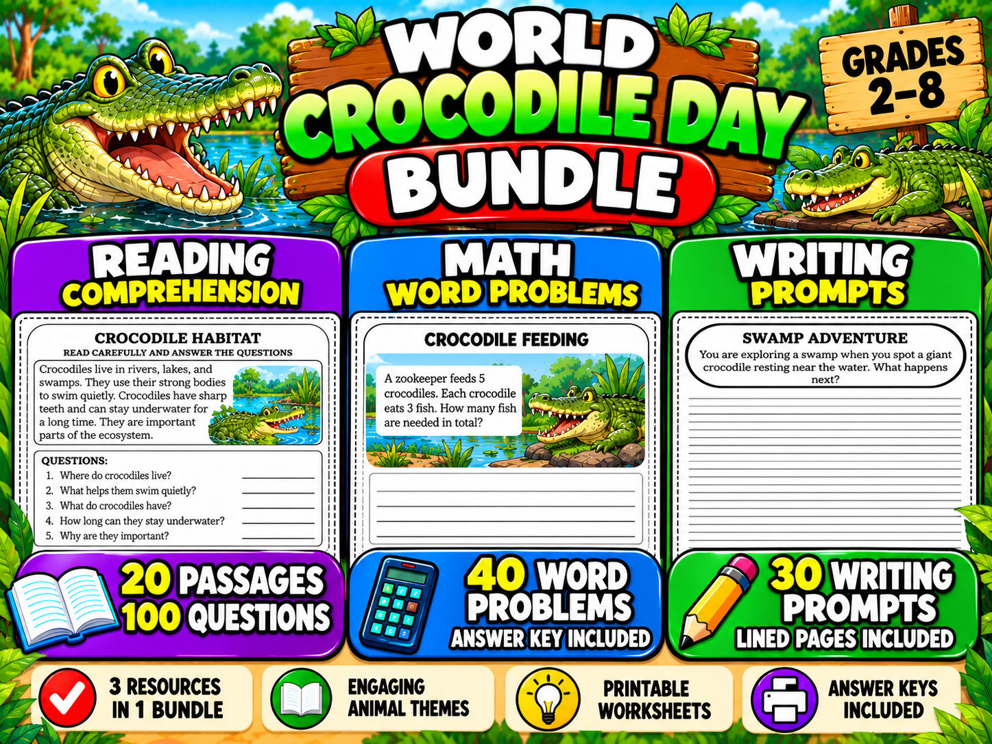 World Crocodile Day Activities Bundle | Reading Comprehension, Math & Writing Prompts