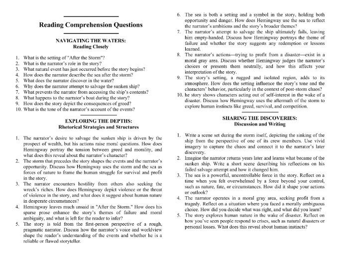 After the Storm by Ernest Hemingway with Reading Comprehension Questions