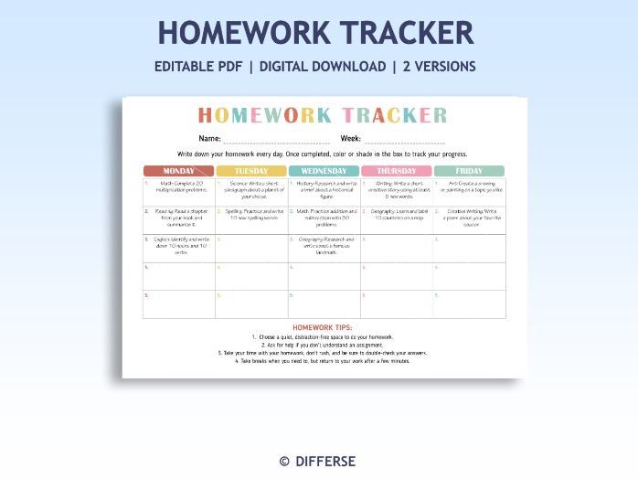 Homework Tracker | Weekly Homework Template | Homework Sheet | Homework Log