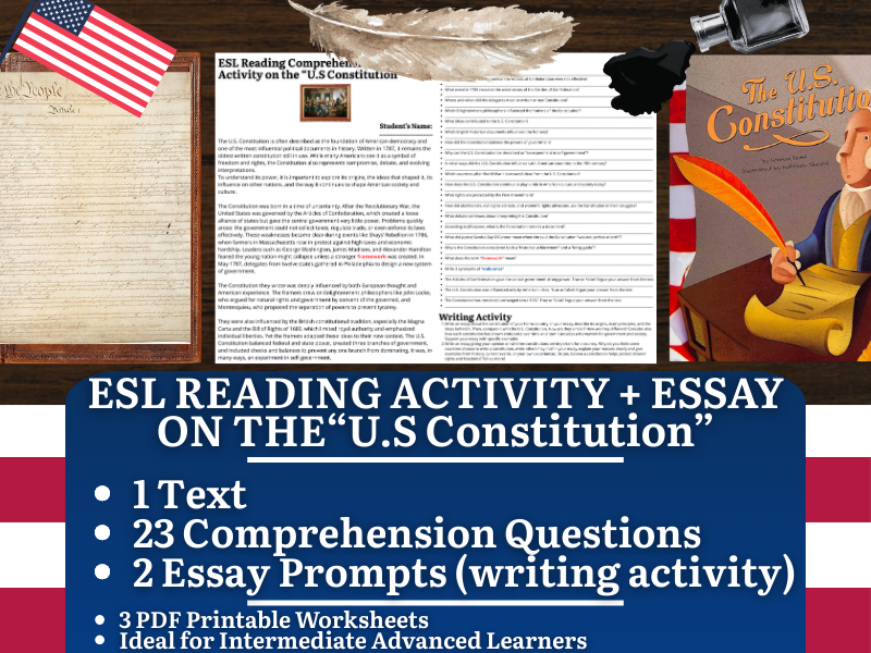 ESL Reading Comprehension + Writing Activity Worksheets on the U.S Constitution
