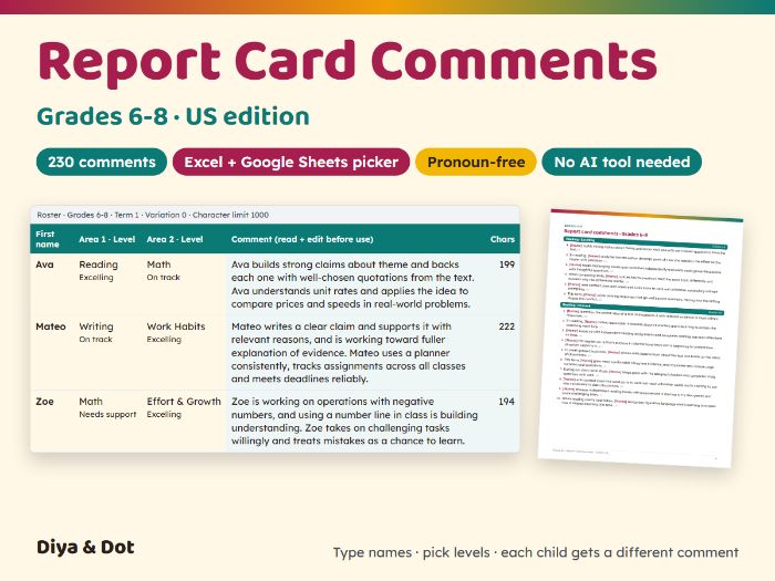Report Card Comments 6-8 (US) + Picker