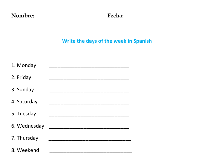 Days of the week in Spanish worksheets | Los días de la semana