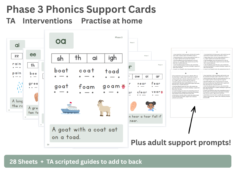 Phase 3 Phonics Support Cards - TA Interventions for Reception, Y1 and Y2