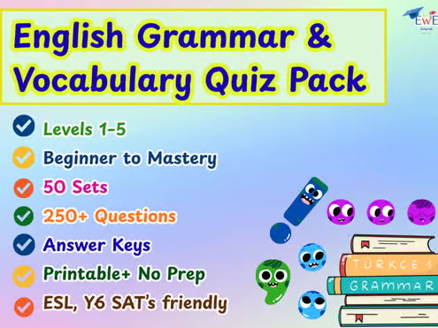 Mega English Grammar & Vocabulary Quiz Pack | Levels 1–5 | 250+ Questions + Answer Keys