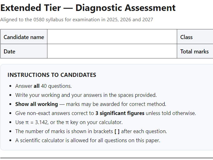 Cambridge IGCSE Mathematics Diagnostic Assessment + Mark Scheme