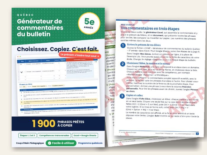 French Report Card Comments Québec Grade 5 | Commentaires bulletin 5e année