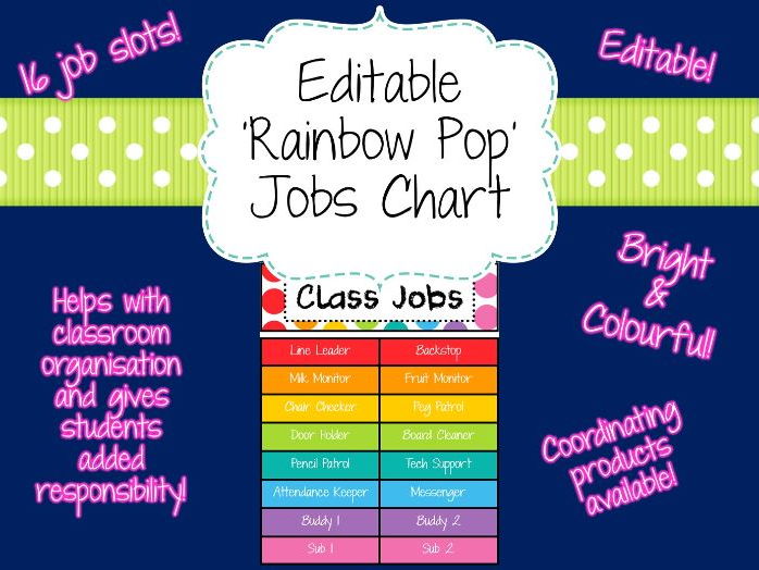 Editable 'Rainbow Pop' Classroom Jobs Chart