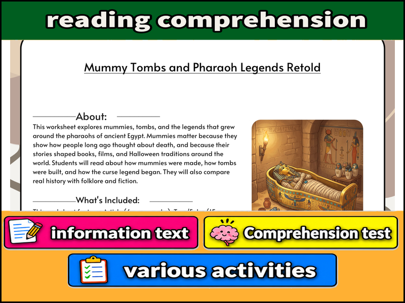 Mummy Tombs and Pharaoh Legends Retold  & Comprehension Test
