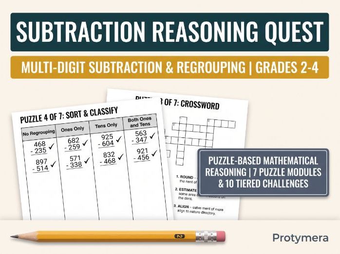 Subtraction Reasoning Quest: Multi- Digit Subtraction, Regrouping & Mathematical Reasoning Challenge