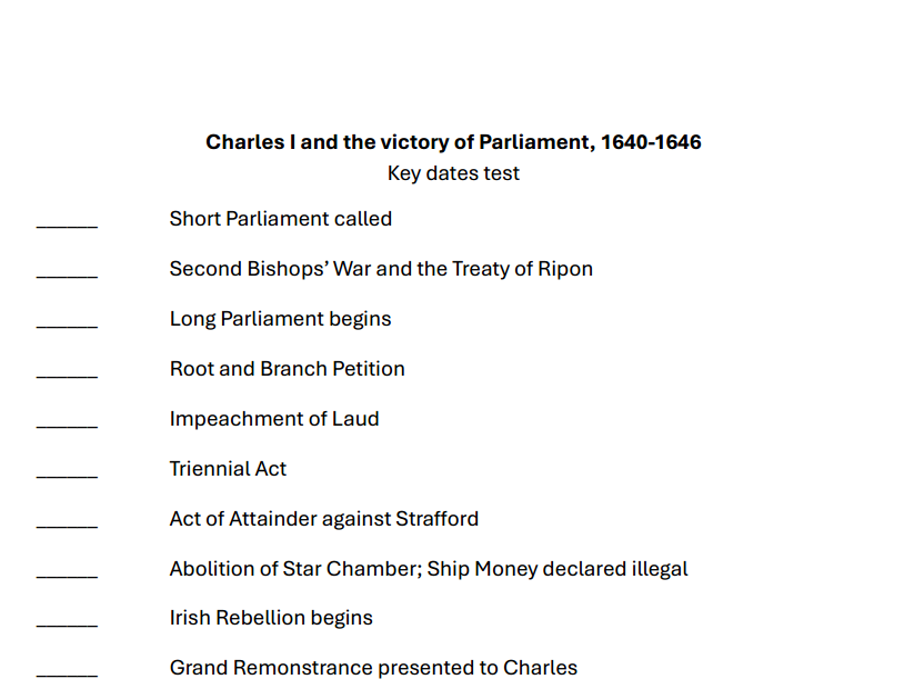 Key dates test - Charles I and the victory of Parliament (OCR A-level history Unit Y108)