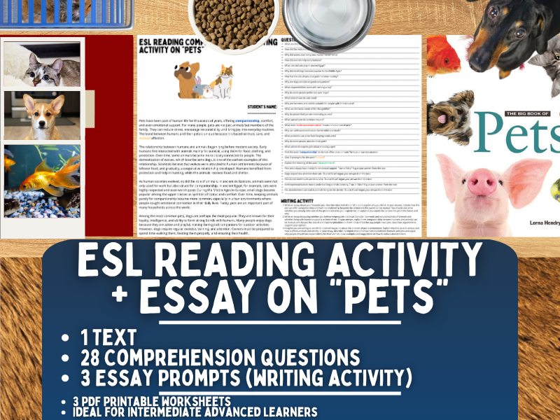 ESL Reading Comprehension + Writing Activity Worksheets - Pets - Animals