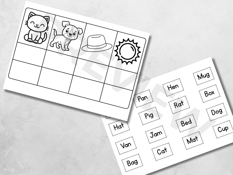 Read, Write, Stick and Colour – CVC Words Worksheets – Phase 2 Phonics Cut and Stick Activity EYFS