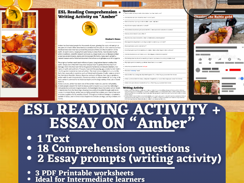 ESL Reading Comprehension + Writing Activity Worksheets - Amber