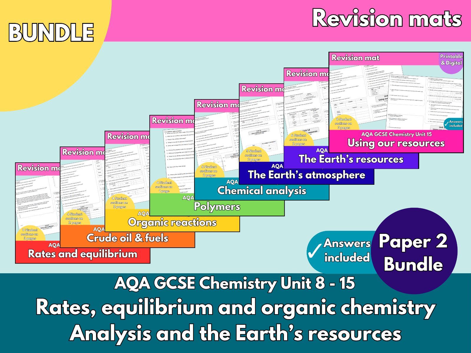 AQA GCSE Chemistry Paper 2 Revision Bundle | Rates, equilibrium, organic chemistry, chemical analysis and Earth chemistry | Revision mats including answers