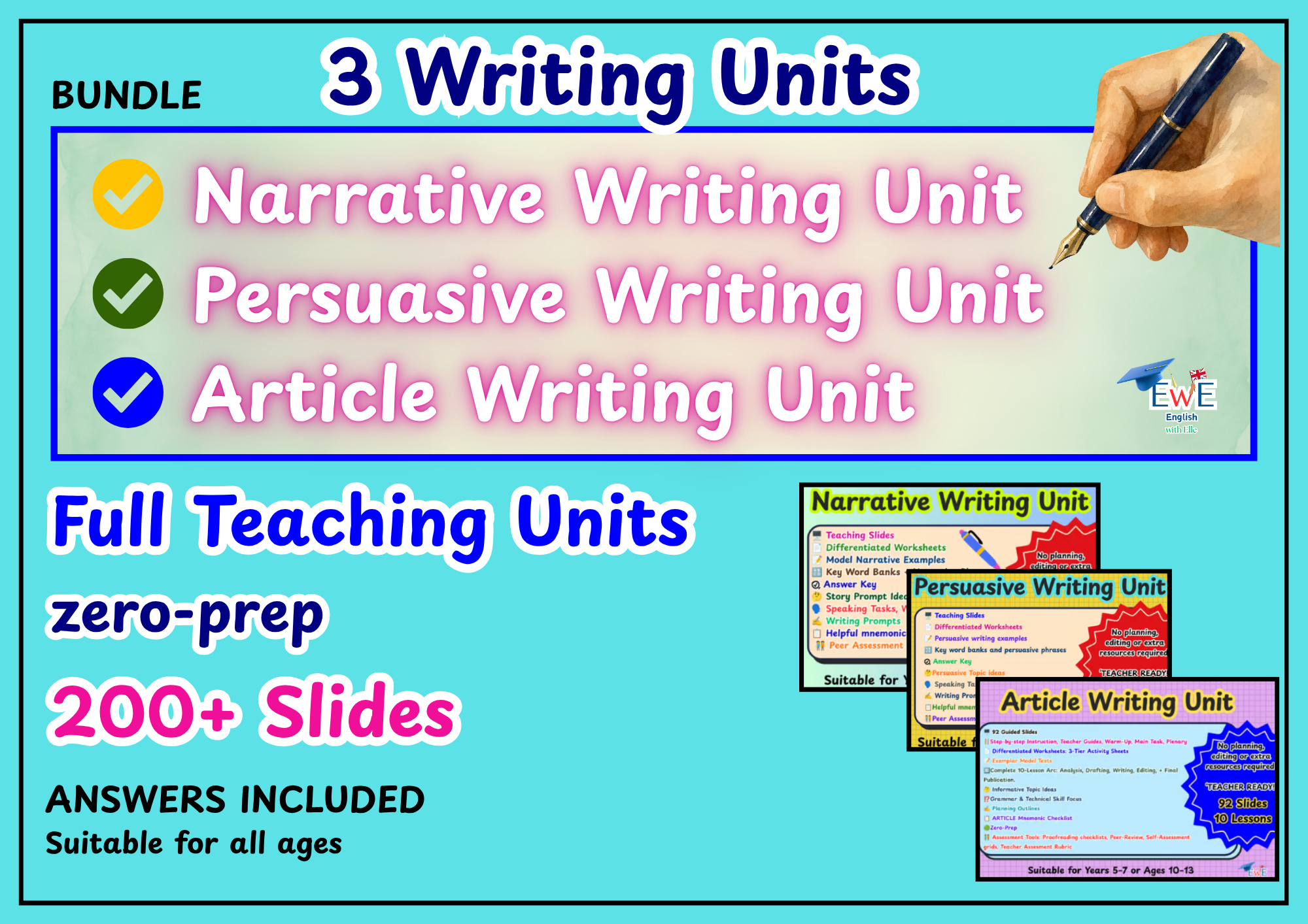 Full Writing Units: Narrative, Persuasive, Article - Teaching Slides - Worksheet
