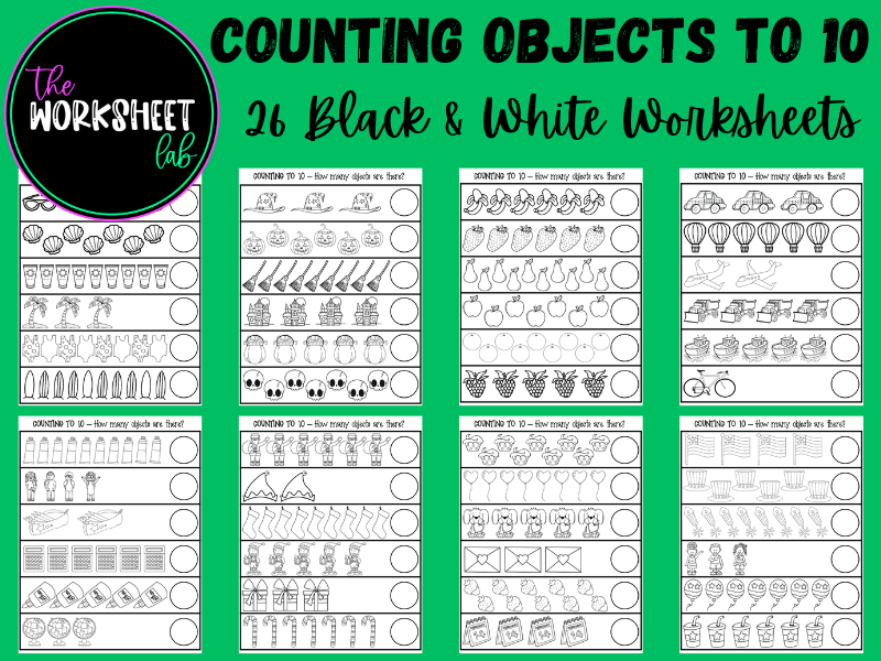 Counting Objects to 10 Worksheets in Black & White