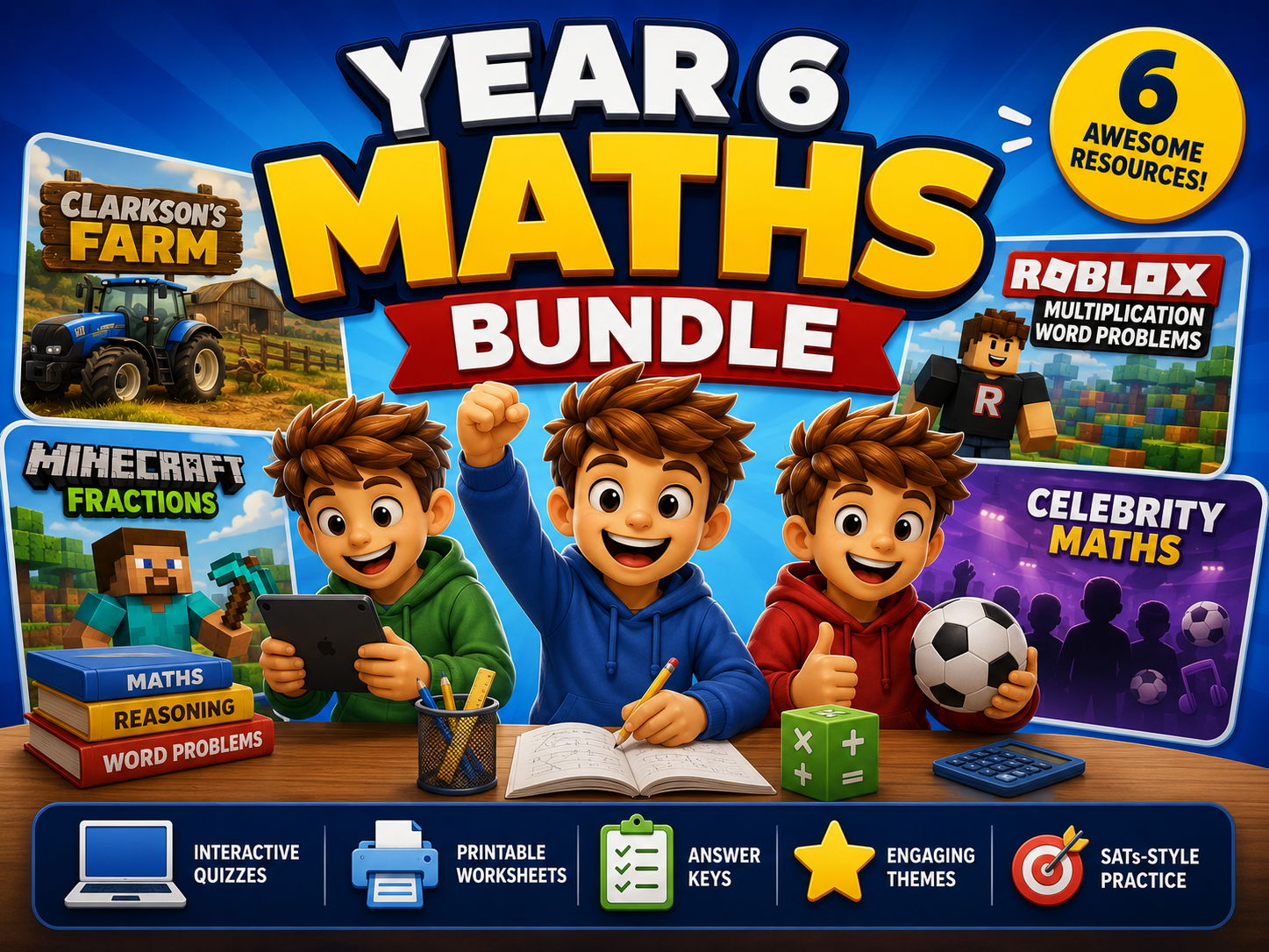 Year 6 SATs Big Fun Maths Bundle – 40+ Printable PDFs and Interactive Worksheets - YouTubers, Singers, Athletes, Gamers...