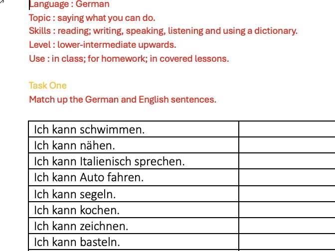 German, Ich kann / I can, practise saying what you can do, intermediate and above.