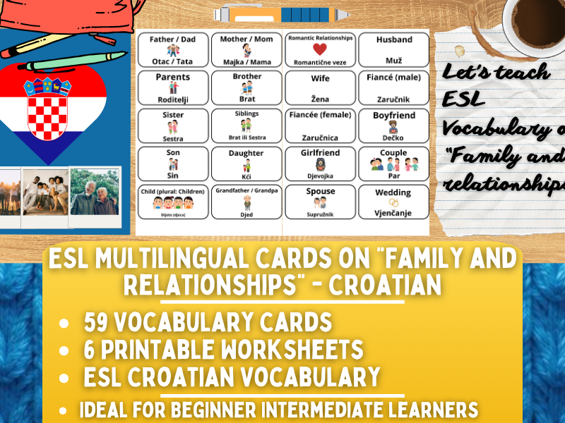 ESL Multilingual Vocabulary Flashcards - Family and Relationships - Croatian
