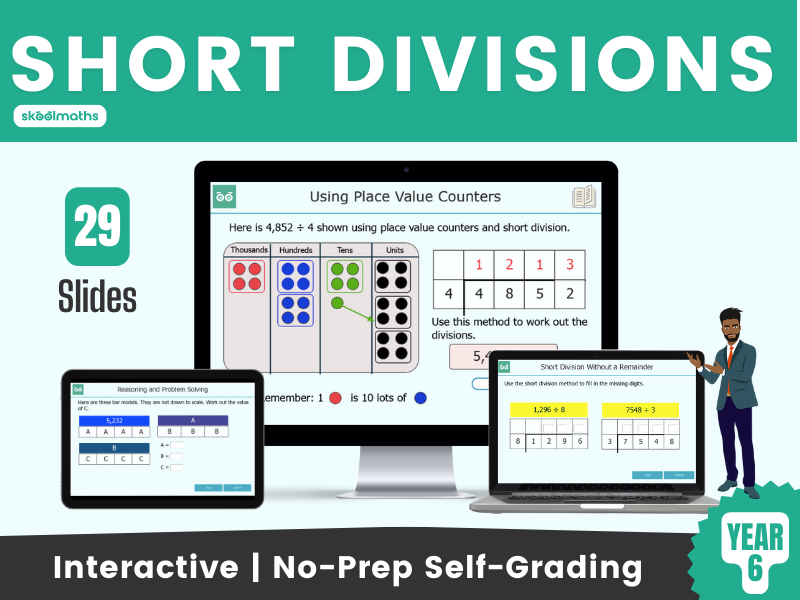 Short Division - Year 6 Interactive Digital Maths Lesson and Self-Grading Activities