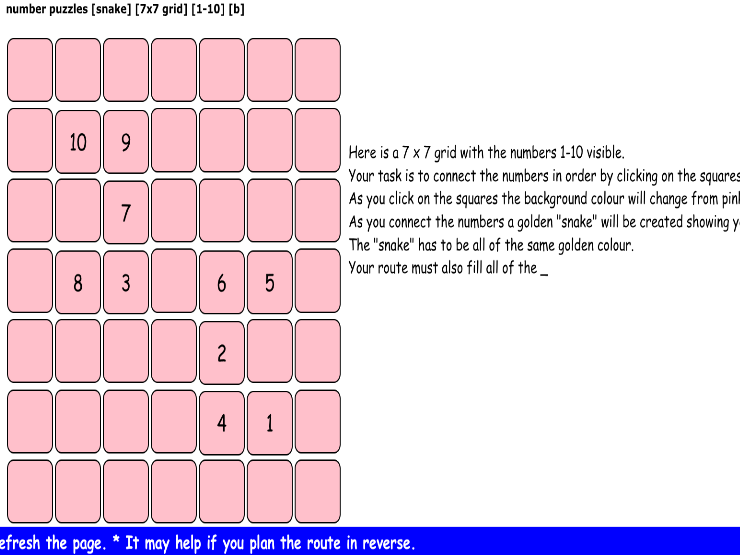 number puzzles [snake] [7x7 grid] [1-10] [b]