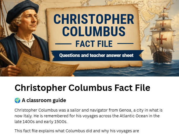 Christopher Columbus Fact File | KS2 History Worksheet