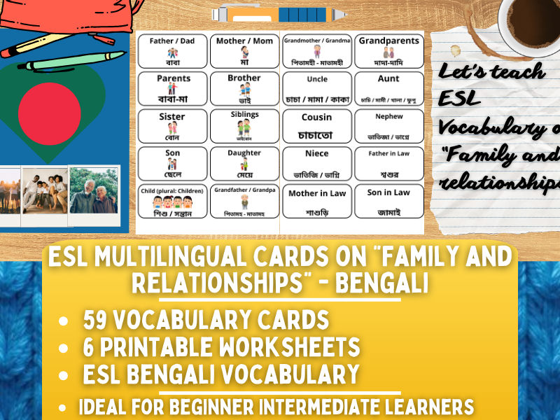 ESL Multilingual Vocabulary Flashcards - Family & Relationships - Bengali