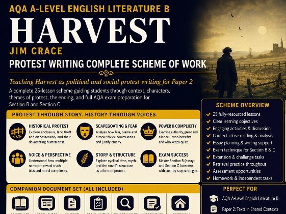 AQA A-Level English Literature B: Harvest (Jim Crace) Protest Writing Complete Scheme of Work