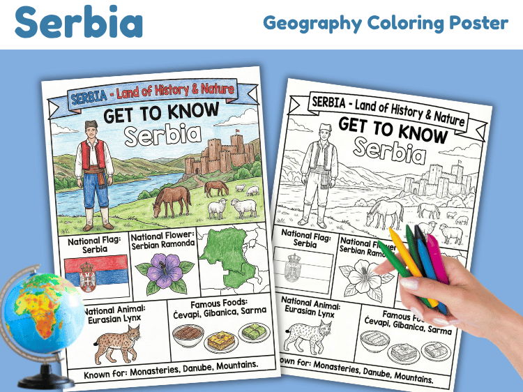 Serbia Geography Coloring Poster | Country Facts Worksheet