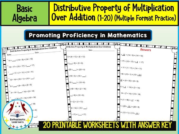 Distributive Property of Multiplication over Addition (1–20) Mutiple format Worksheets Math Problems