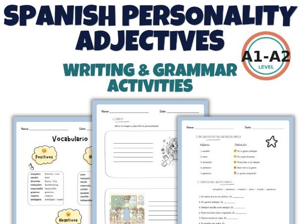 Spanish Personality Adjectives A1-A2 | Reading Writing & Grammar Activities