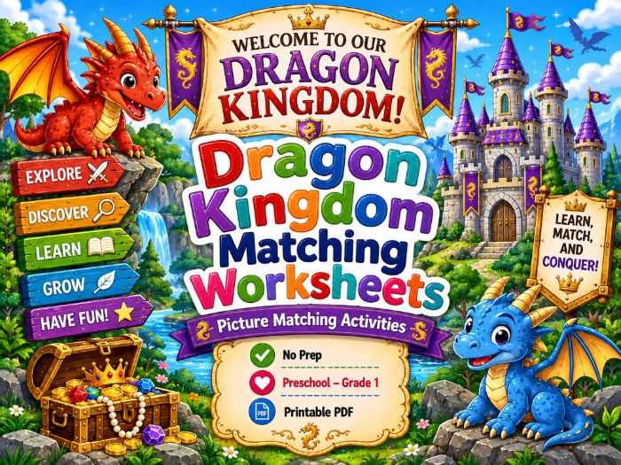 Dragon Kingdom Matching Worksheets | Picture, Numbers, Letters, Shapes & Colors | Preschool–Grade 1