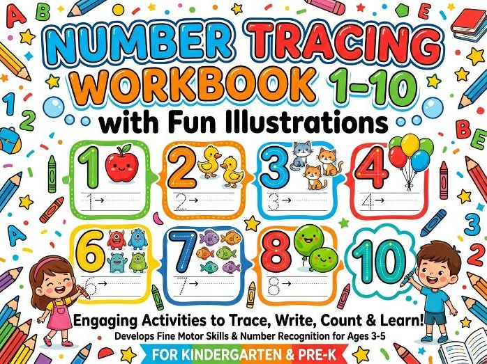 Number Tracing Workbook 1-10 with Fun Illustrations