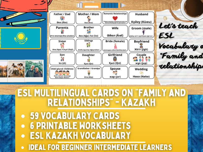 ESL Multilingual Vocabulary Flashcards - Family and Relationships - Kazakh
