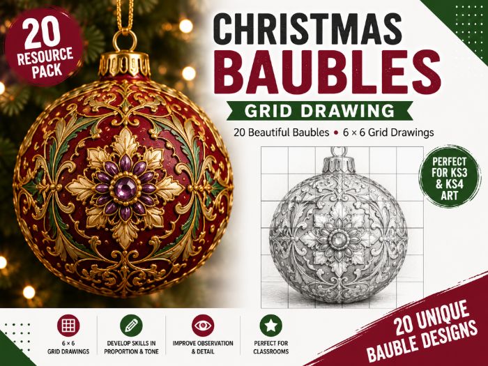 Christmas Baubles Grid Drawing Worksheets | 20 Christmas Art Activities | KS3 & KS4
