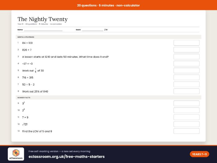 Year 9 Maths Starters — 20 Questions in 5 Minutes