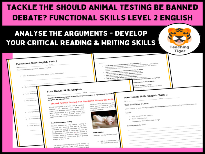 Functional Skills English Level 2 - Animal Testing Debate: Reading Comprehension & Formal Letter Wri