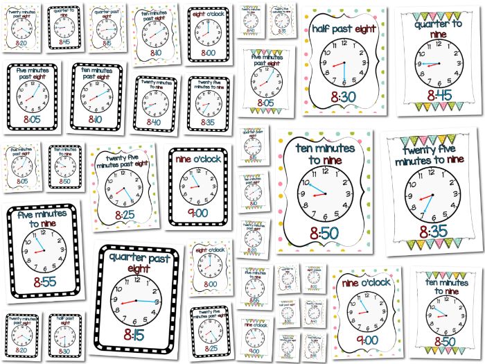 Telling the Time posters clocks counting in five minutes, digital