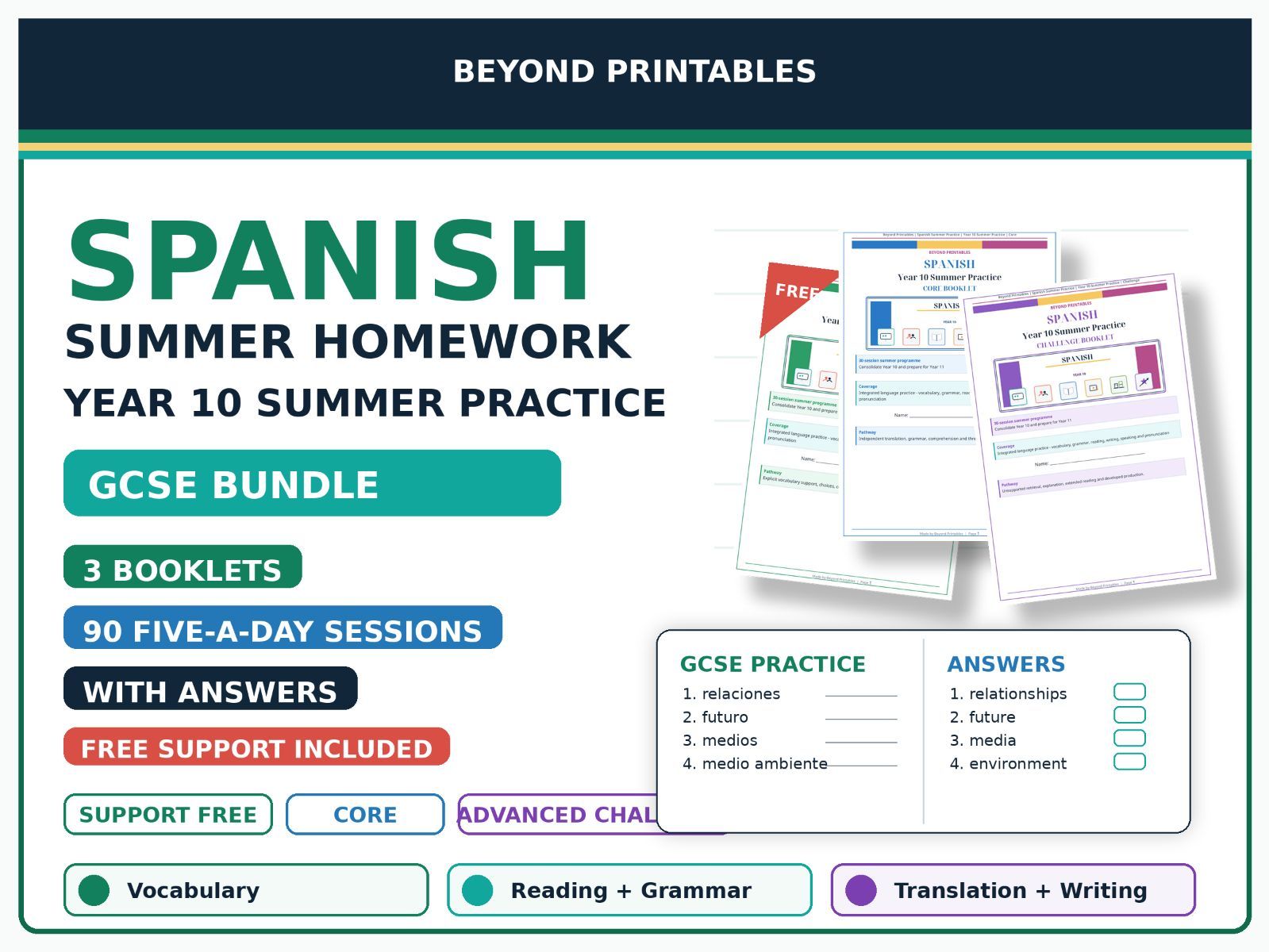 Spanish Summer Homework Year 10 GCSE Bundle | Core & Advanced Challenge with Free Support Booklet and Answers