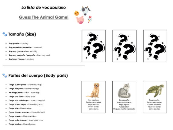 Spanish Guess the Animal Game –  Flashcards
