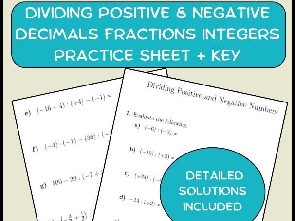 Dividing Positive & Negative Decimals Fractions Integers Practice Sheet + Key