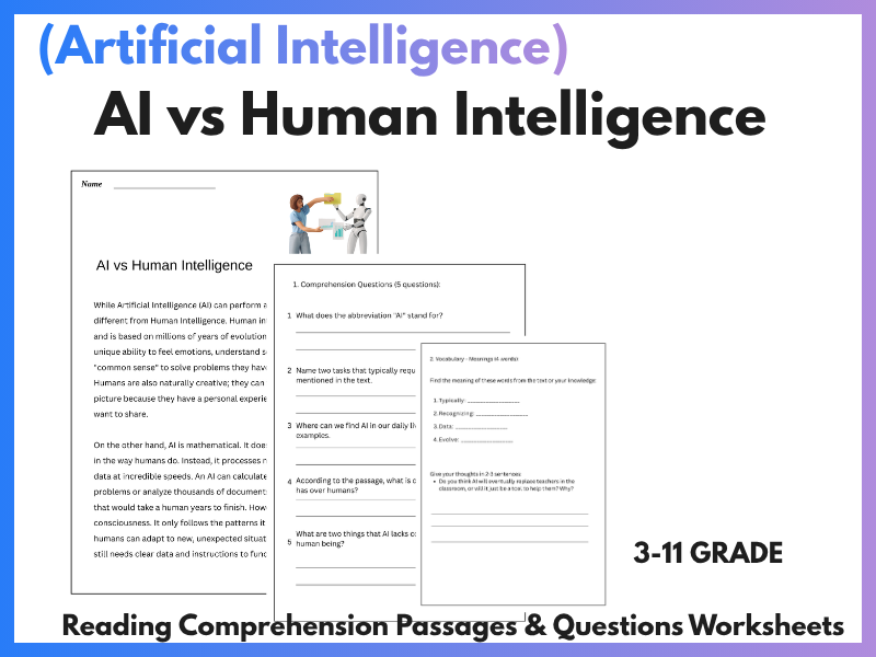 AI vs Human Intelligence Reading Comprehension Passages & Questions Worksheets